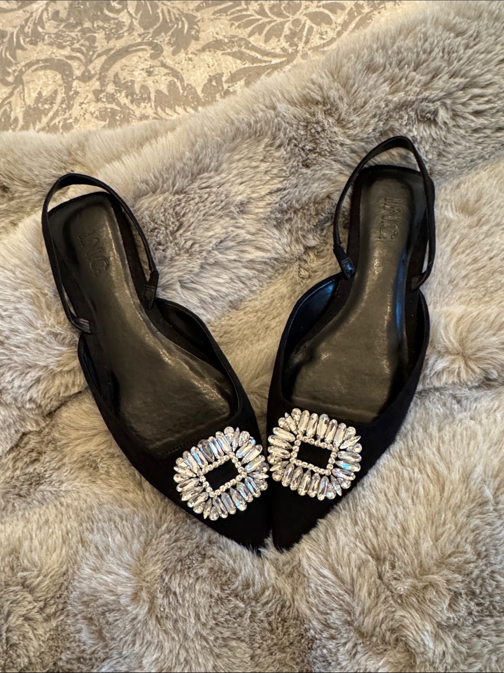 INC International Concepts Black Pointed Slingback Flats with Crystal Buckles